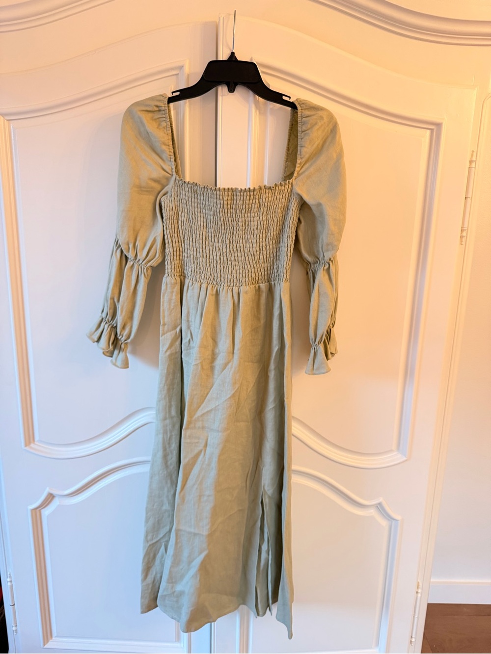 Reformation Sage Green Smocked Square-Neck Long Sleeve Midi Dress